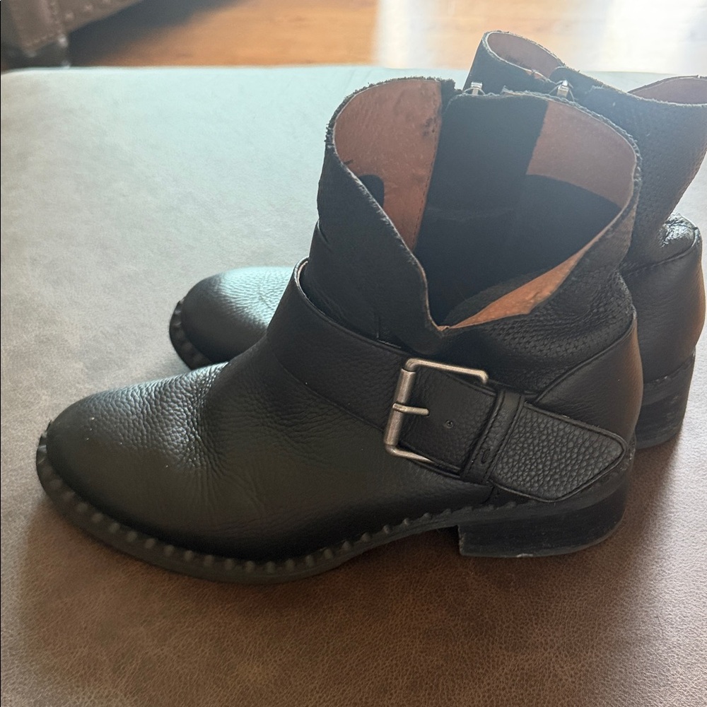 gentle souls Black Pebbled Leather Buckle Ankle Booties